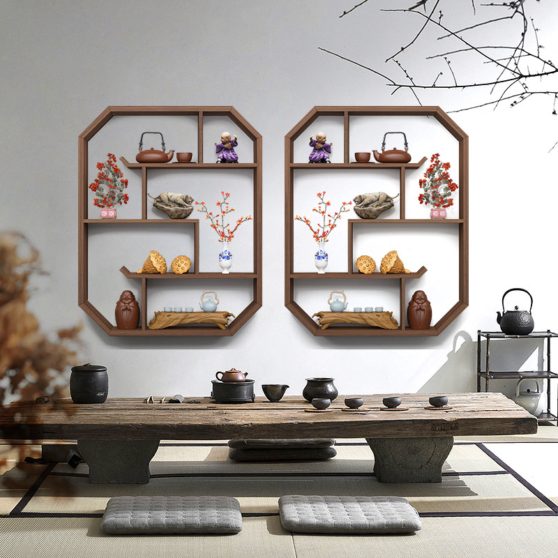 新中式博古架实木多宝阁上墙古董架壁挂式客厅隔断简约茶壶置物架