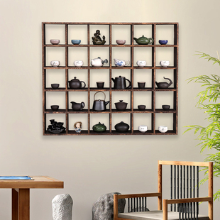实木博古架多宝格子架茶杯茶壶收纳壁挂式挂墙多宝阁烧桐木置物架