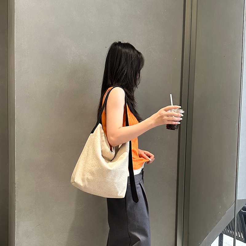 小众设计亚麻帆布单肩托特包水桶