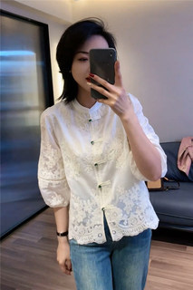 新中式国风衬衫女短袖2024新款春夏高级感气质刺绣法式小衫上衣