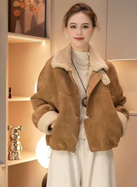 羊羔毛外套女短款加绒秋冬新款2025高级感小个子宽松麂皮绒上衣