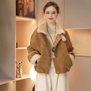 羊羔毛外套女短款 2025高级感小个子宽松麂皮绒上衣 加绒秋冬新款