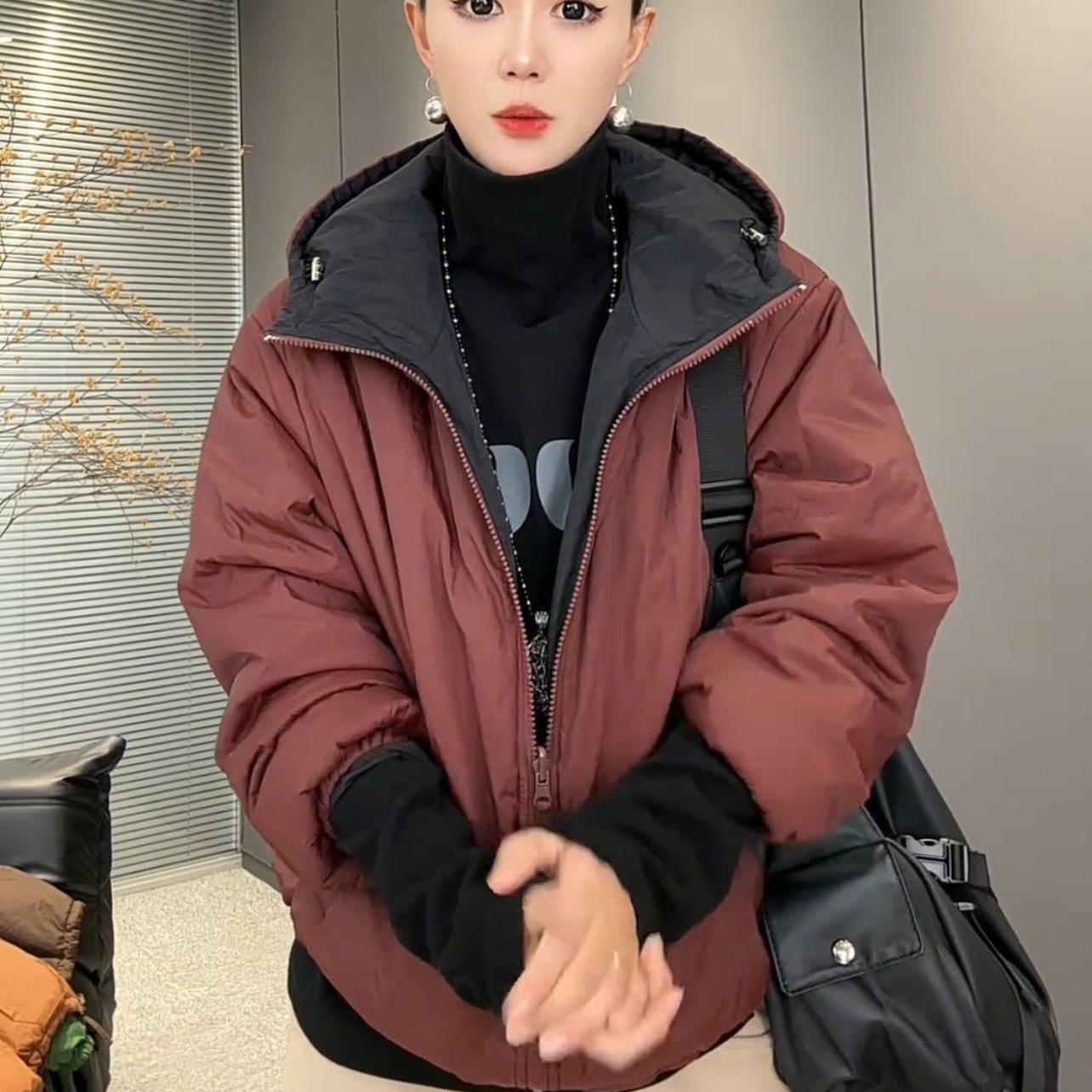 双面穿夹棉外套女连帽棉服秋冬季