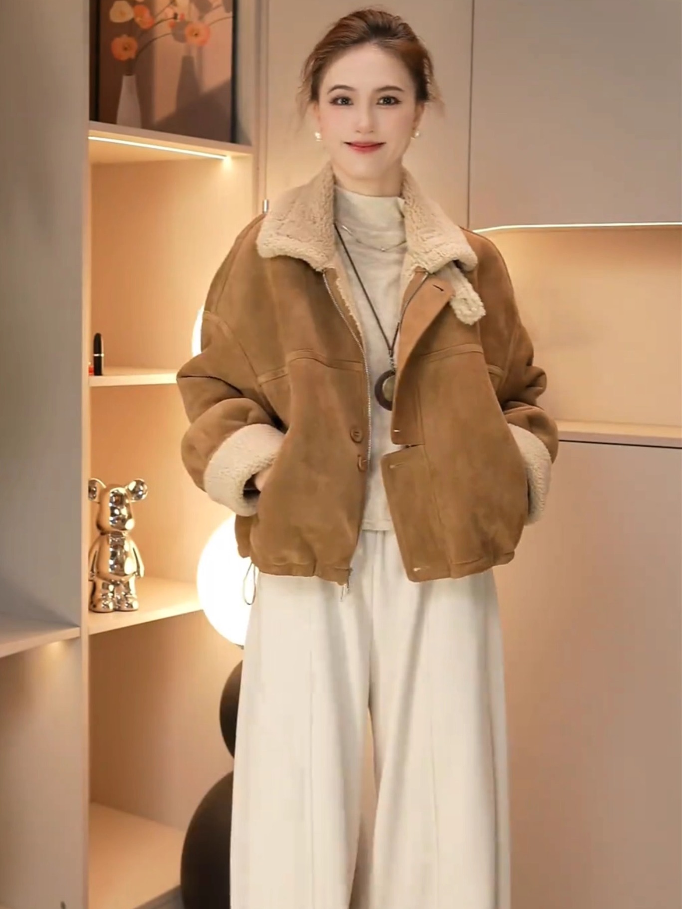 羊羔毛外套女短款加绒秋冬新款2025高级感小个子宽松麂皮绒上衣