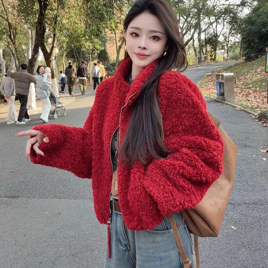羊羔毛外套女短款加厚冬季2025新款宽松高级感洋气毛绒外套小个子
