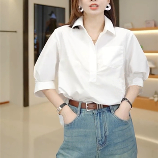 白色衬衫女设计感小众春季2025新款衬衣五分袖法式短款小个子