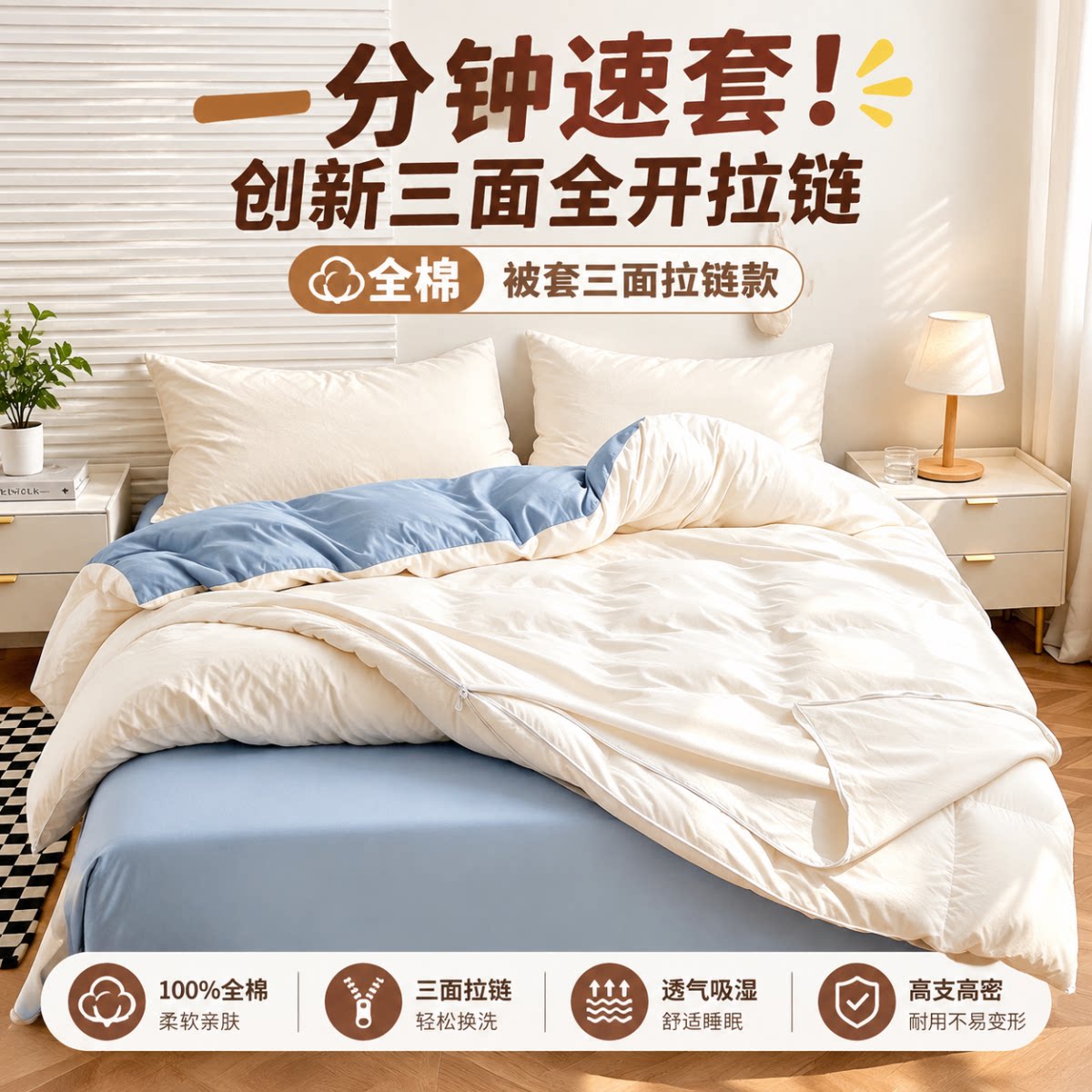 2026新款纯棉双拼纯色简约四件套全棉三面拉链款被套学生宿舍套件