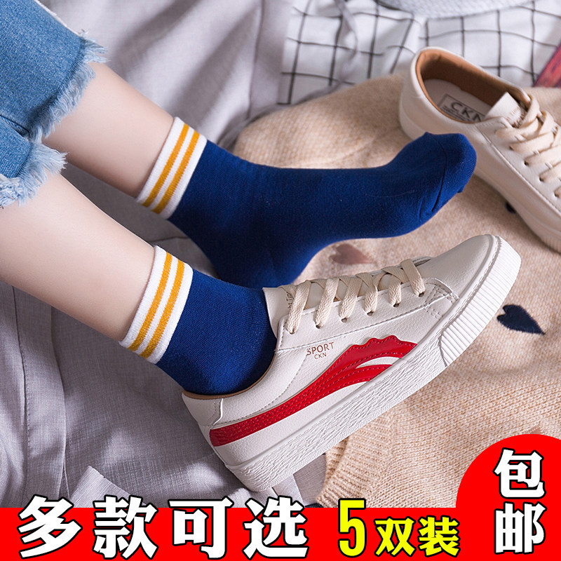 春季二杠袜子女中筒袜韩版学院风纯棉防臭吸汗日系潮牌百搭韩国袜