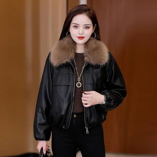 海宁加绒加厚可拆毛领皮衣女外套