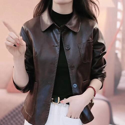 2025秋季新款海宁精品时尚休闲复古翻领短款宽松小个子皮衣外套女