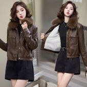 休闲宽松短款 保暖时尚 皮夹克 新款 海宁皮衣外套女加绒加厚2025冬季
