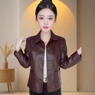 百搭翻领短款 宽松时尚 皮夹克外套 韩版 海宁皮衣外套女2026春秋新款