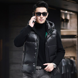 连帽亮面羽绒马甲男冬季 潮流高级感痞帅坎肩外套 加厚保暖背心时尚