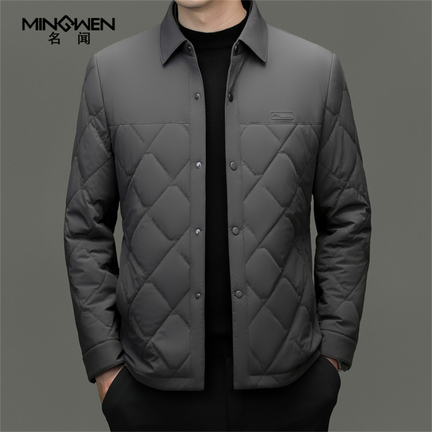 翻领棉衣男装轻薄款保暖时尚休闲高级感菱形格含羊毛填充棉服外套