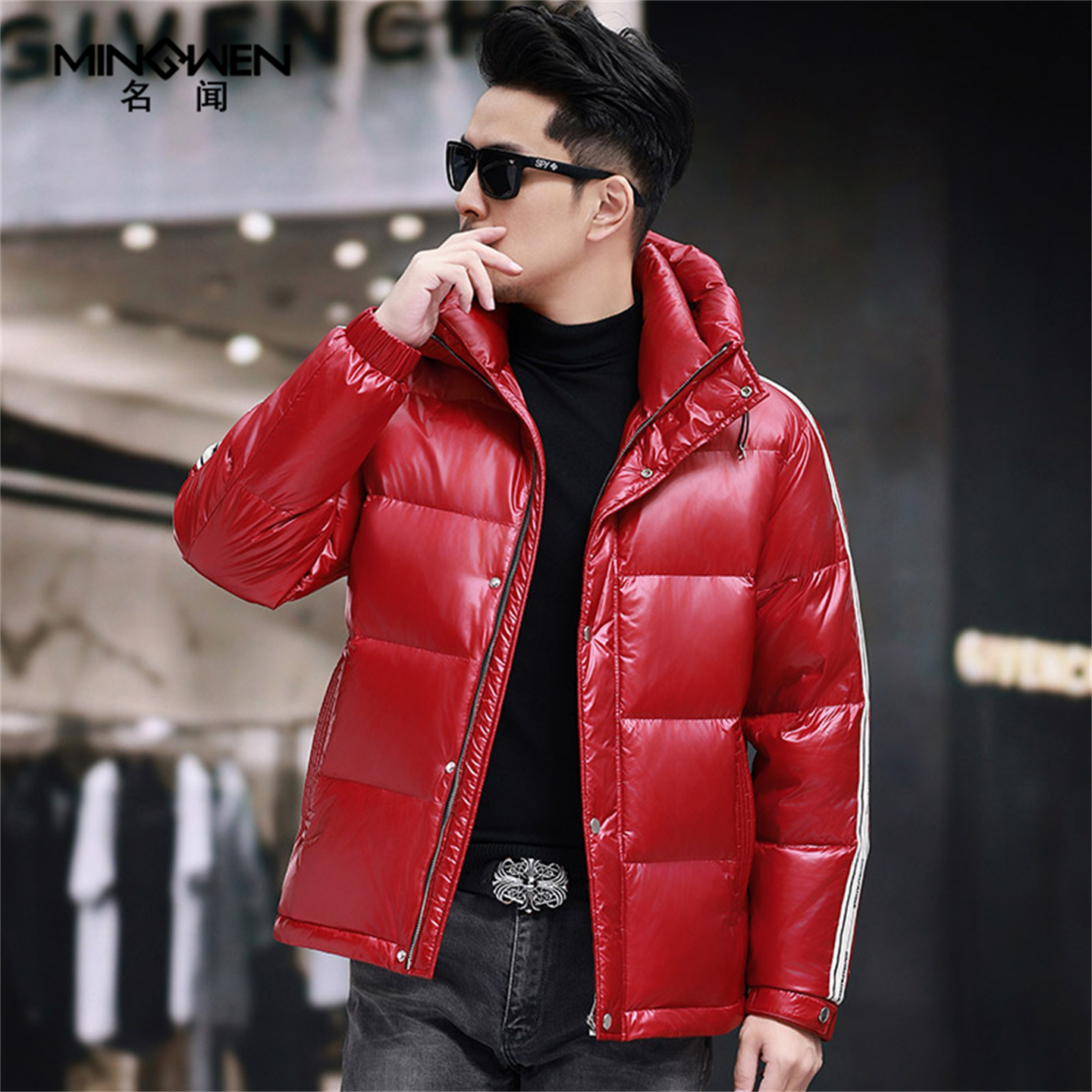 冬季加厚时尚撞色连帽亮面羽绒服