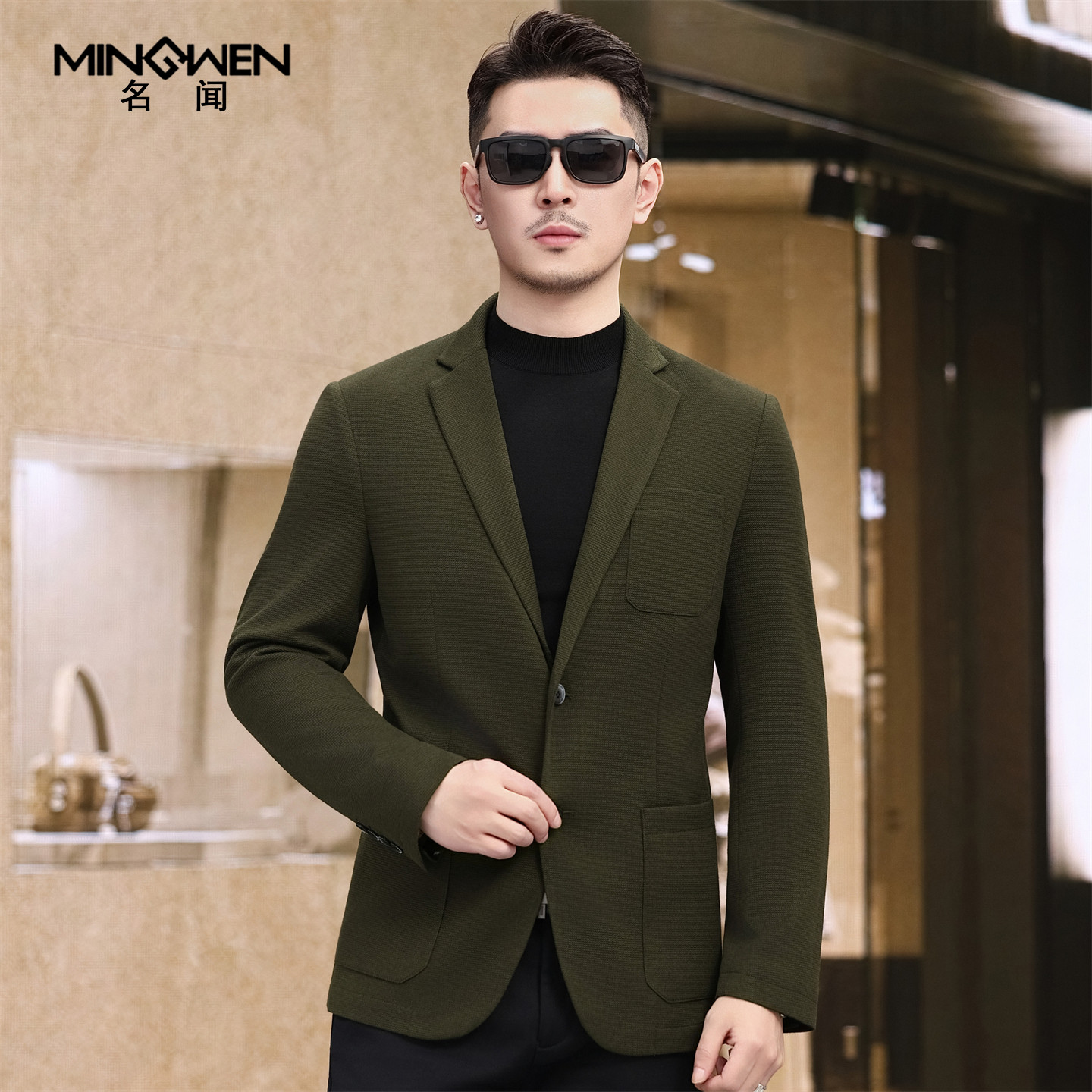 含羊毛针织休闲西服男春夏季薄款韩版时尚潮流高级感痞帅西装外套