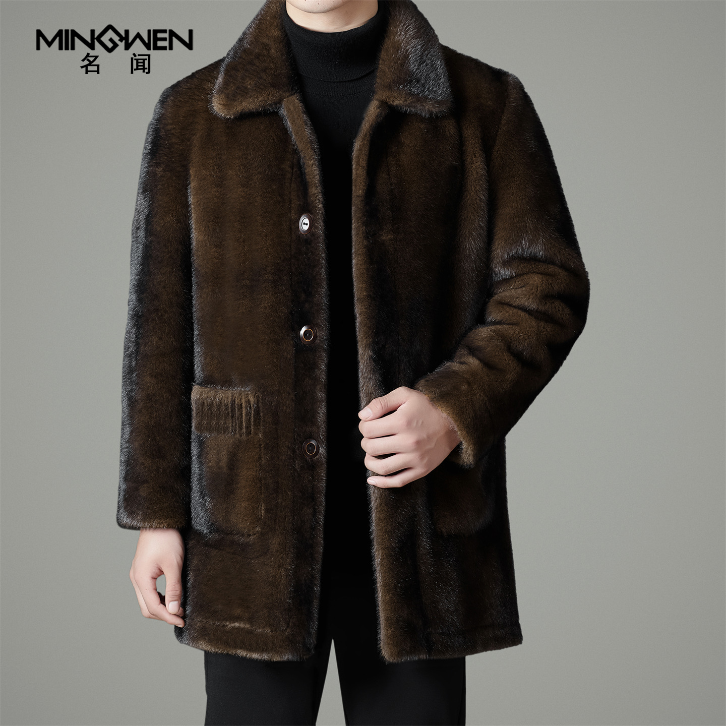 翻领两面穿仿貂毛皮草大衣