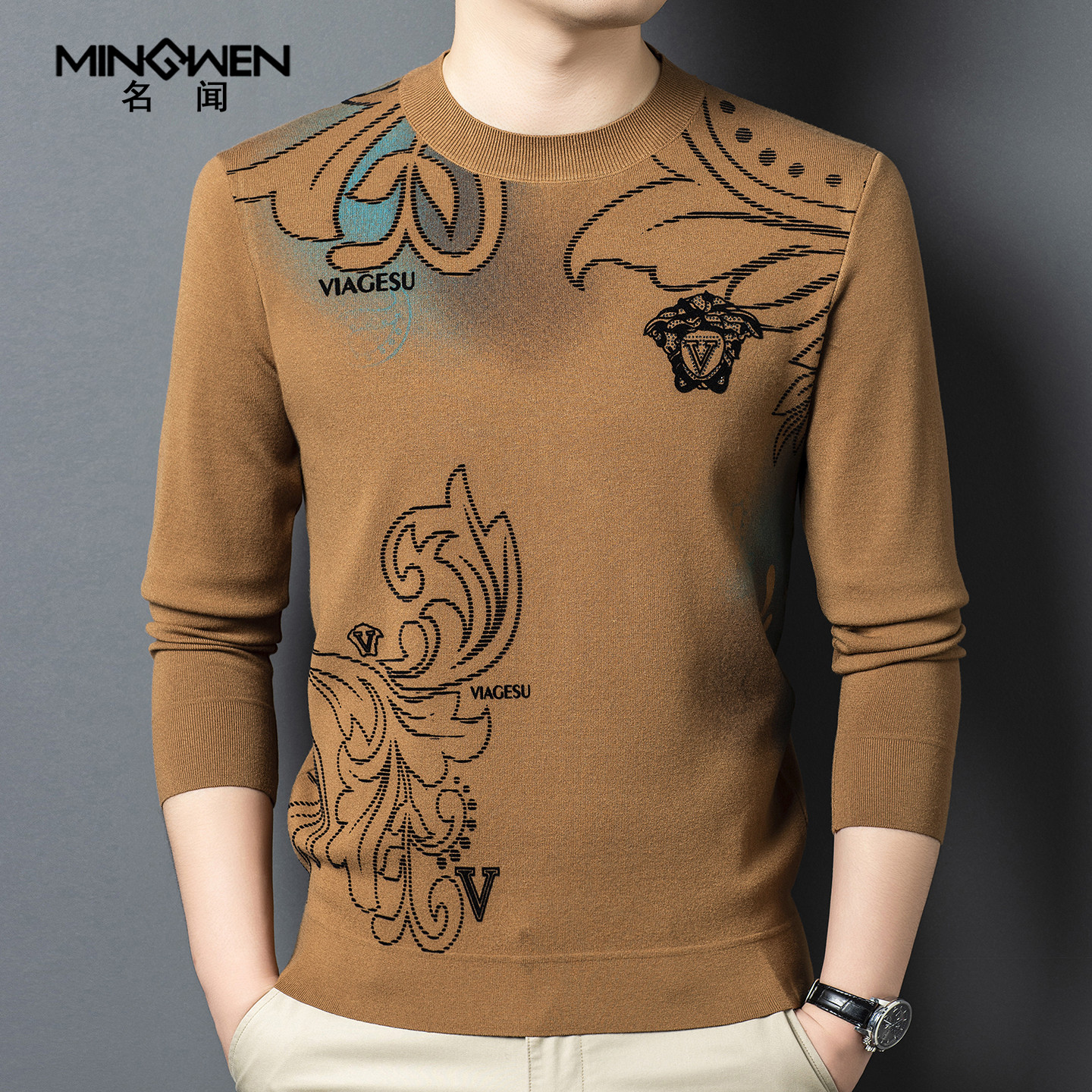 圆领毛衣男秋冬款时尚潮流高级感痞帅欧洲站提花宽松打底针织线衫
