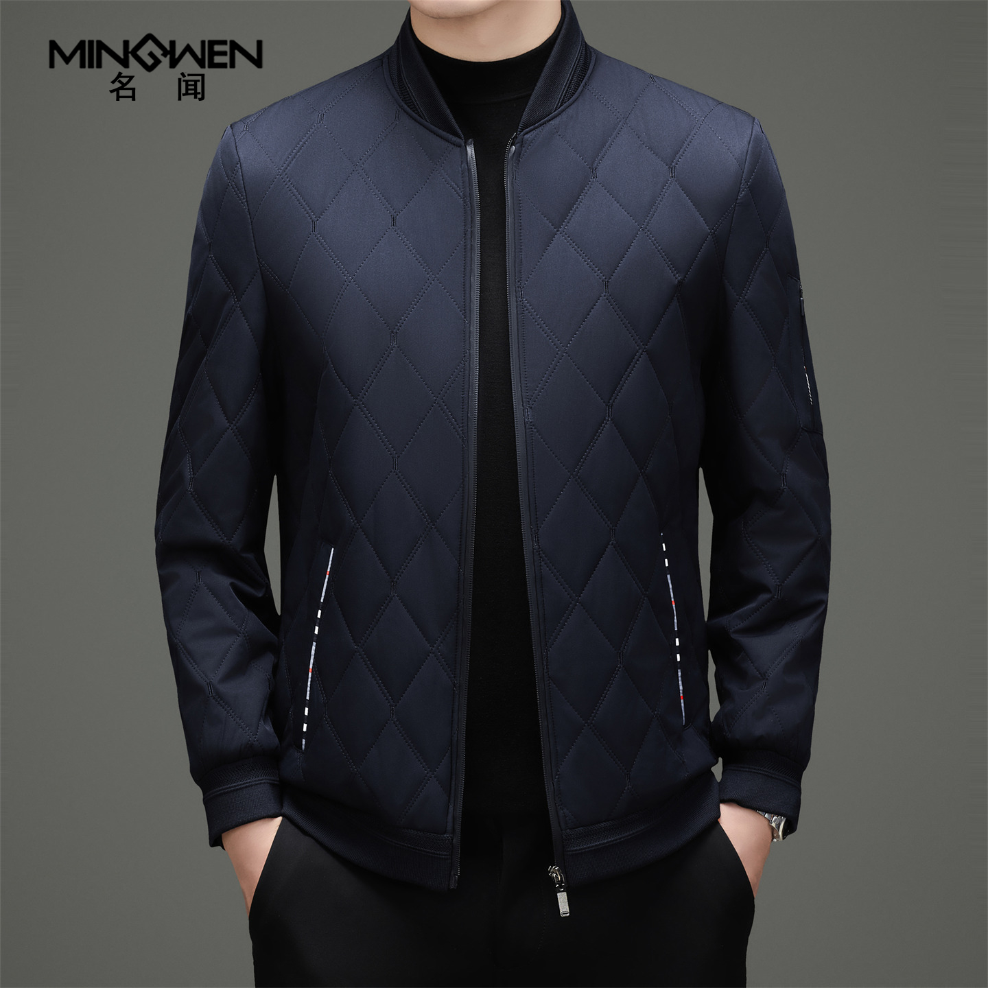 时尚休闲菱形格棒球领棉衣