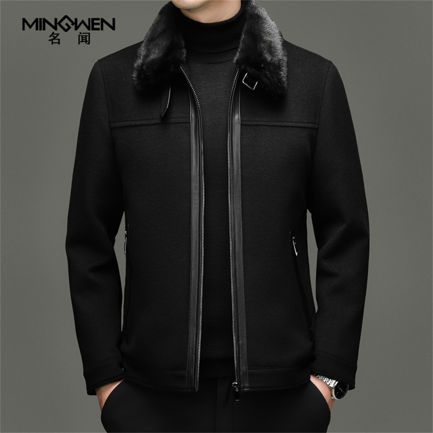 水貂毛翻领鹅绒羽绒服男加厚时尚高级感痞帅真皮拼接纯羊毛呢外套