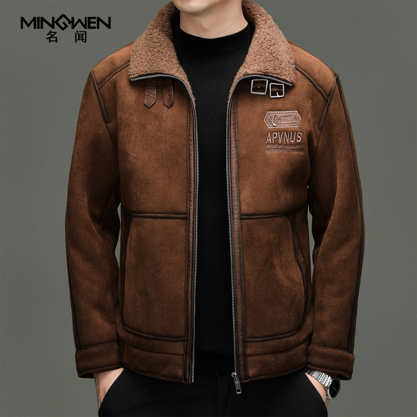 机车服仿麂皮绒皮毛一体外套