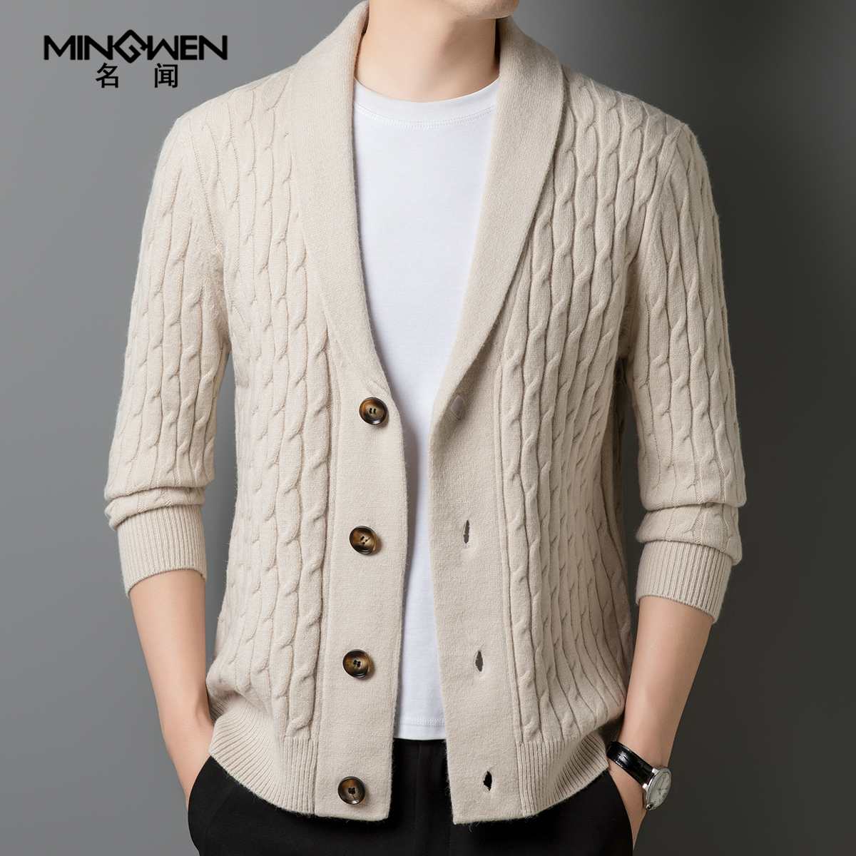 加厚青果领含羊毛针织开衫外套