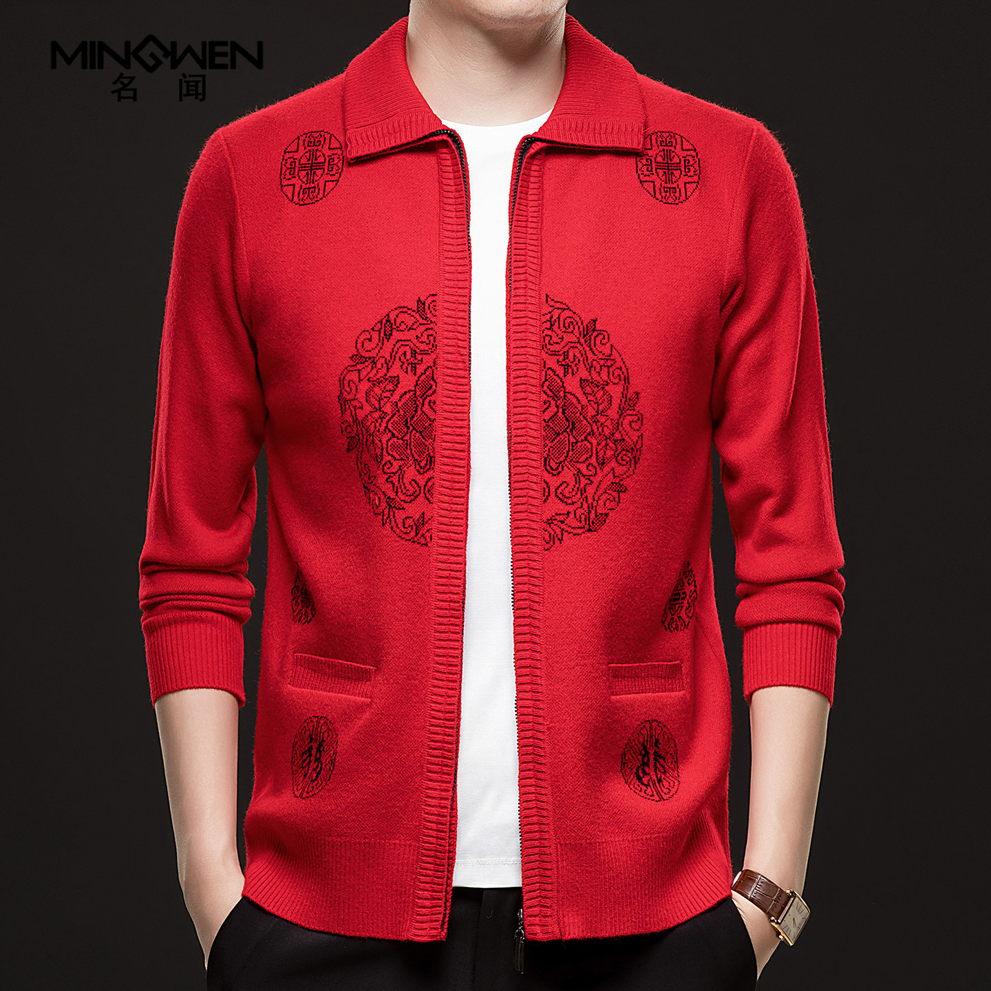 立翻领针织开衫男冬加厚高级感中国风提花喜庆本命年红色毛衣外套