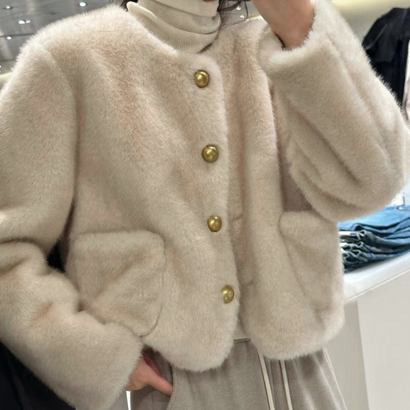 小香风皮毛一体短款仿貂毛皮草外套加厚保暖女显瘦环保毛毛上衣