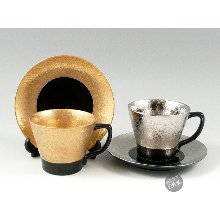 日本 有田烧 金彩银彩黑釉陶瓷咖啡杯碟一对套装 红茶杯 甜点盘