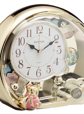 日本代购RHYTHM丽声 504SR18金色小熊客厅卧室台钟闹钟