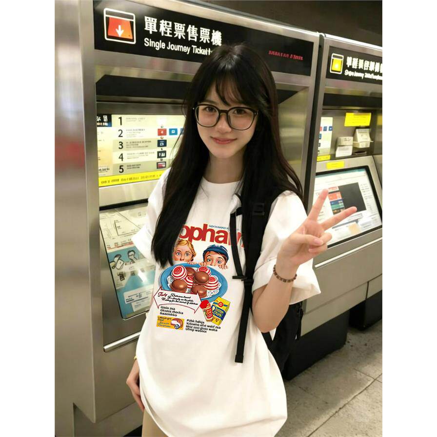 慵懒风vintage复古美式卡通t恤女短袖百搭oversize宽松韩版上衣潮