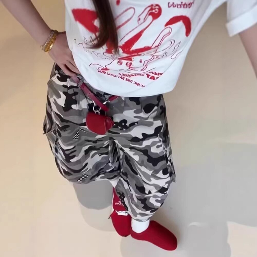 美式复古迷彩牛仔七分裤