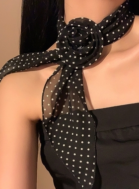 黑色波点丝巾夏季薄款高级感围巾领巾辣妹侧边发夹女2025新款发带