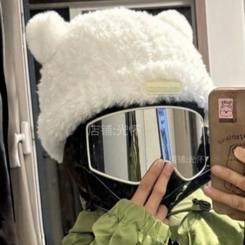 滑雪头盔装饰帽套女毛绒包头兔耳朵帽子冷帽可套电动车头盔外帽子
