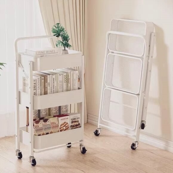 可折叠置物架小推车家用落地移动收纳架带轮卧室零食美容院储物架