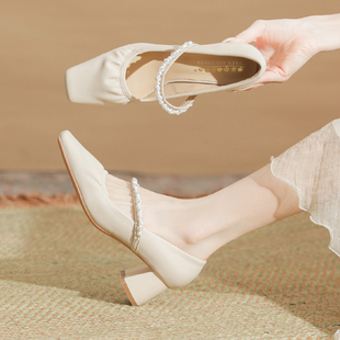 法式新中式鞋子高跟鞋女新款春秋配旗袍婚鞋新娘鞋白色单鞋玛丽珍
