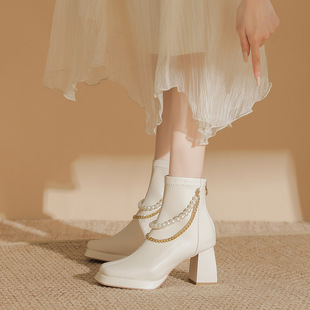 配裙法式高跟短靴女款2025新款秋冬季厚底粗跟踝靴小个子白色靴子