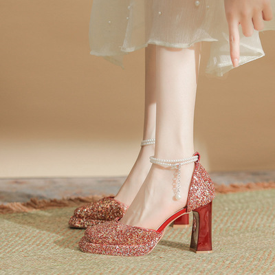 玛丽珍防水台粗跟高跟鞋婚鞋红色