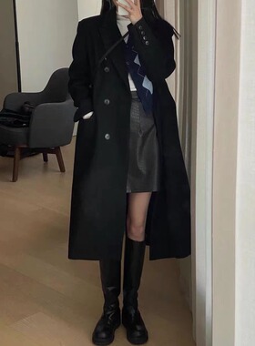 双面羊驼大衣女赫本风小个子2024冬高级黑色正肩通勤外套大衣