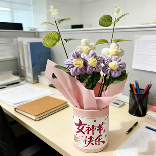 三八妇女节女神节DIY手工编织毛线钩织花束仿真花创意礼物抱抱桶