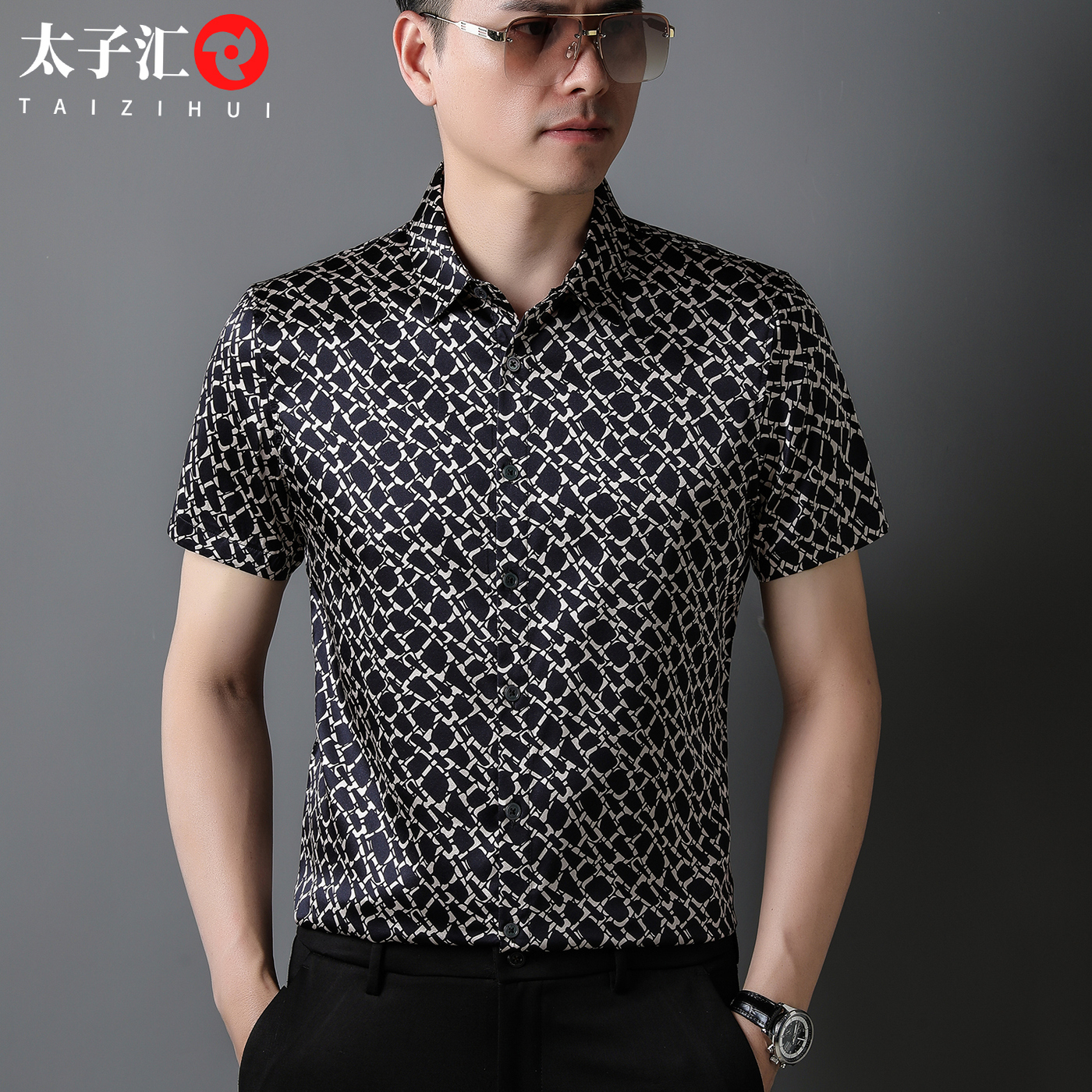 丝绸缎面桑蚕丝短袖衬衫男士新款