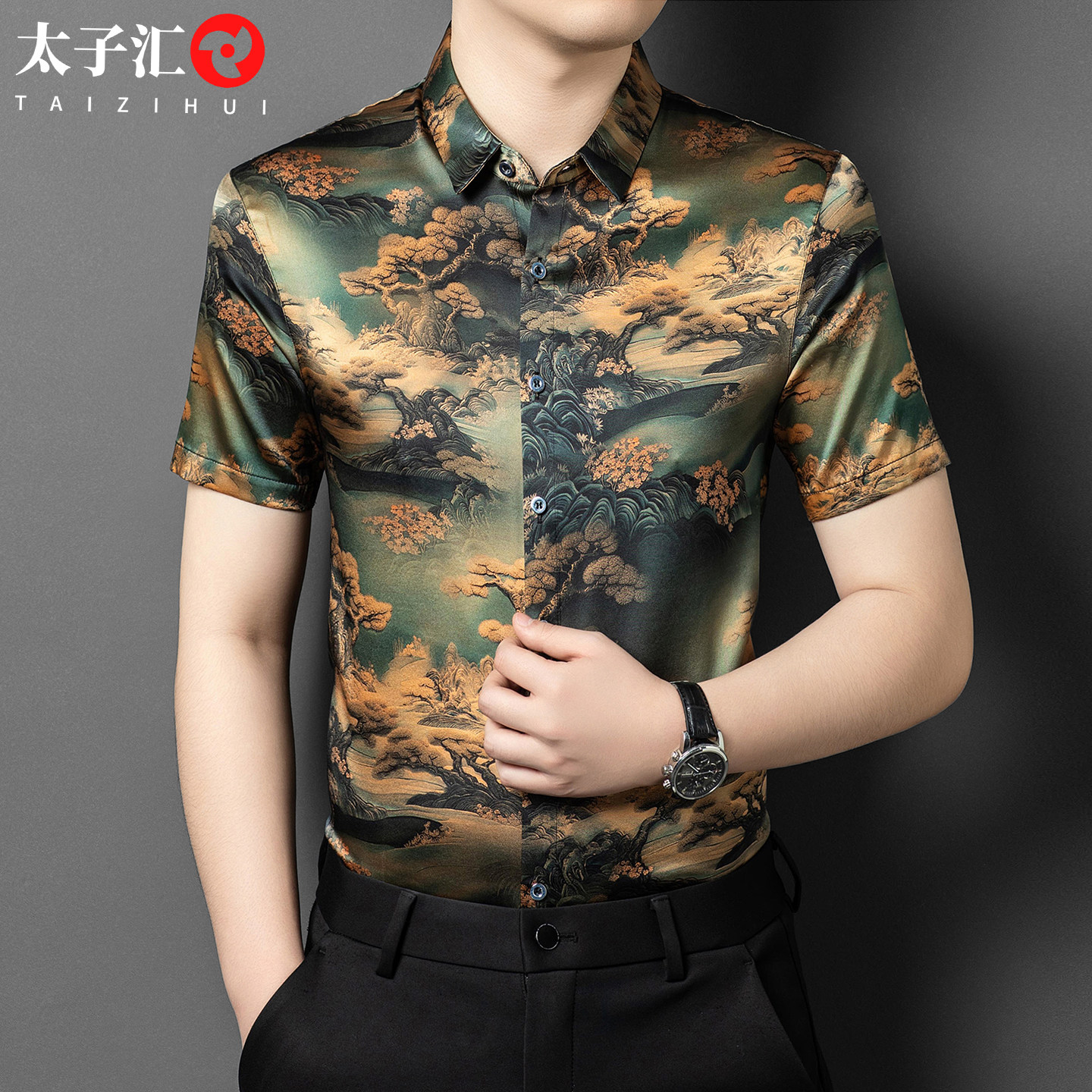 桑蚕丝短袖中国风男士中年夏装花衬衫真丝绸缎水墨画爸爸男装上衣