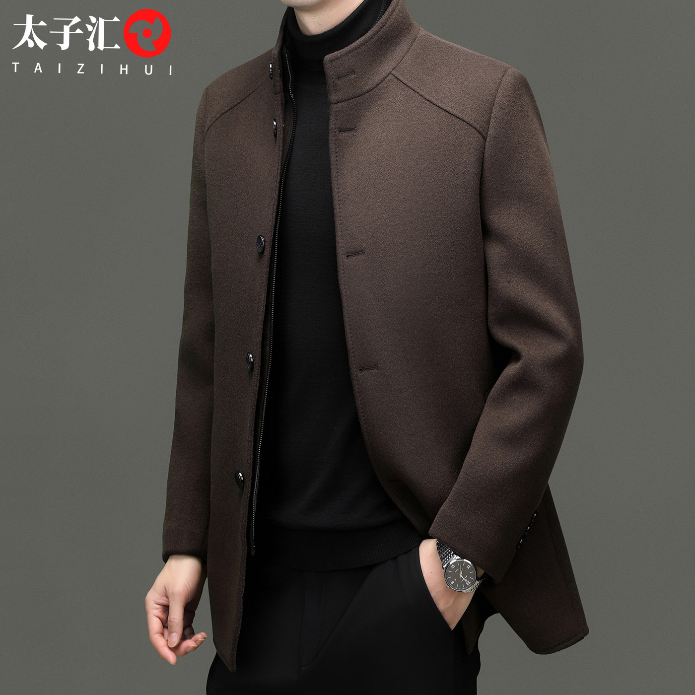 高端毛呢外套男士中长款可脱卸羽绒内胆冬装中年扣子立领羊毛大衣