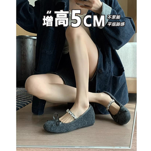 法式蝴蝶结水钻一字带毛毛鞋内增高玛丽珍单鞋女2025新款加绒女鞋