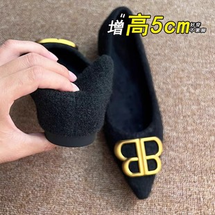 女金属b方扣保暖毛毛平底鞋 冬季 加绒小个子5CM内增高尖头浅口单鞋