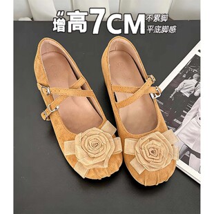 复古芭蕾鞋 内增高7CM小个子玛丽珍鞋 女不累脚花朵一字带粗跟单鞋