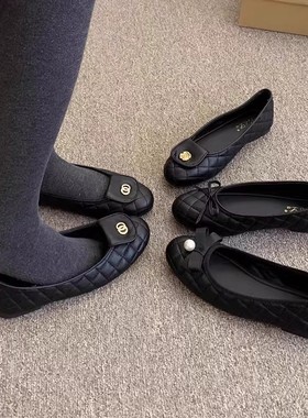 小香风黑色浅口加绒单鞋女冬季新款法式通勤瓢鞋一脚蹬平底豆豆鞋