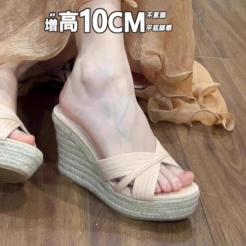 10cm增高外穿麻绳厚底坡跟凉拖鞋