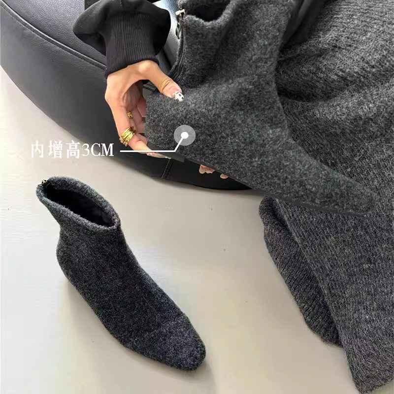 呢子毛！灰色内增高加绒短靴女秋冬气质小方头低跟瘦瘦短筒及裸靴,女鞋,时装靴,淘宝优惠券,粉丝福利购,淘宝优惠卷