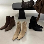 黑色绒面粗跟瘦瘦靴女气质方头高跟弹力短靴袜靴卡其色韩系及踝靴